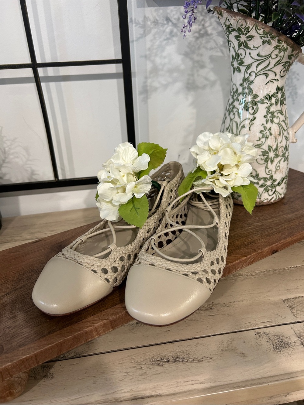 Alexandre Birman Cream Crochet Lace-Up Ballet Flat